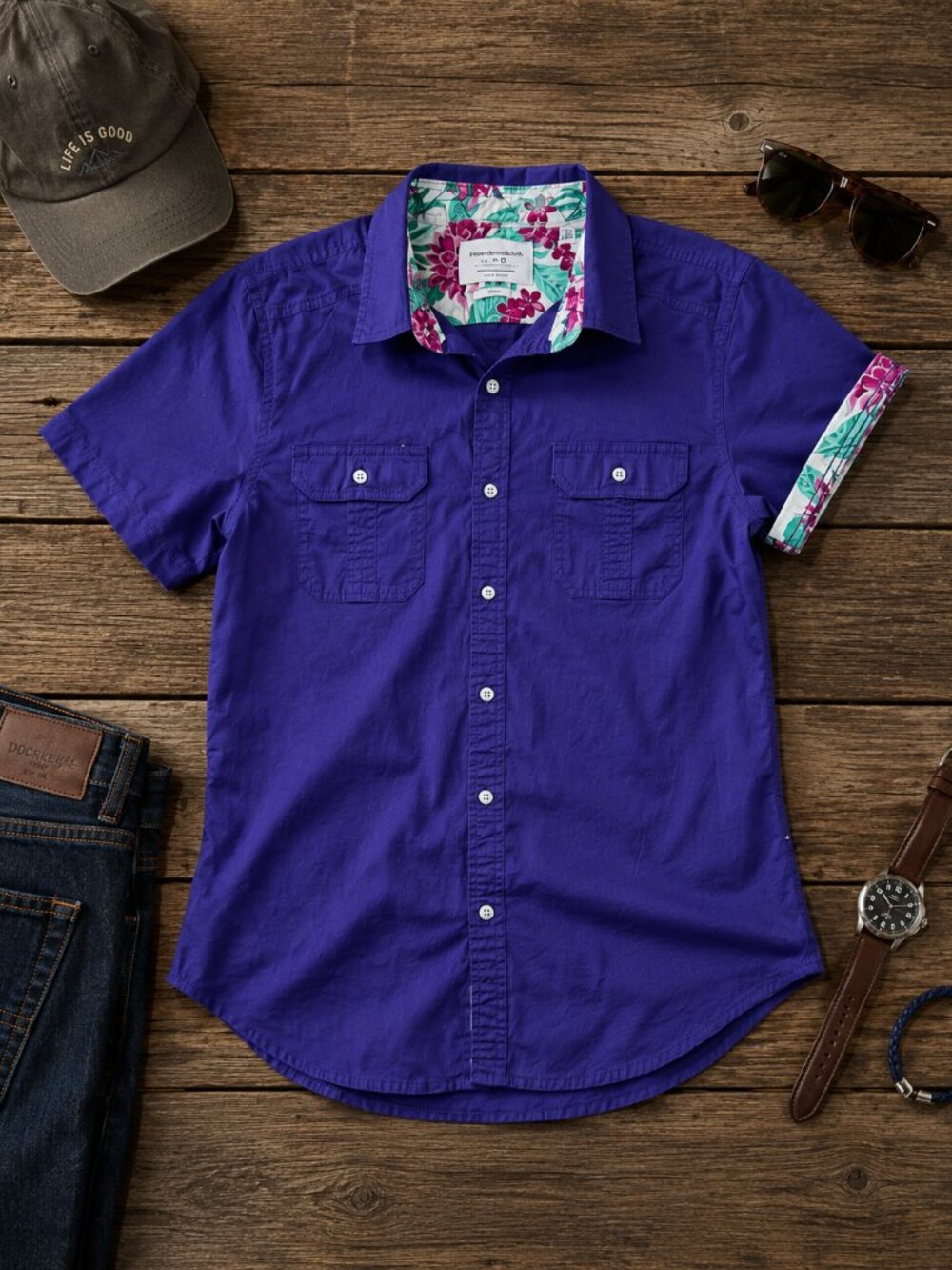 Paperdenim & Cloth Men's Slim Purple Button Front Shirt Floral Trim Size M
